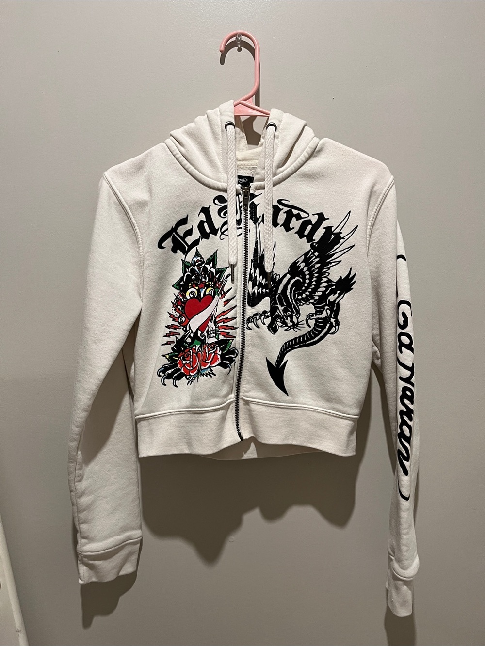 Ed Hardy White Zip-Up Hoodie with Black Eagle and Red Heart Graphics